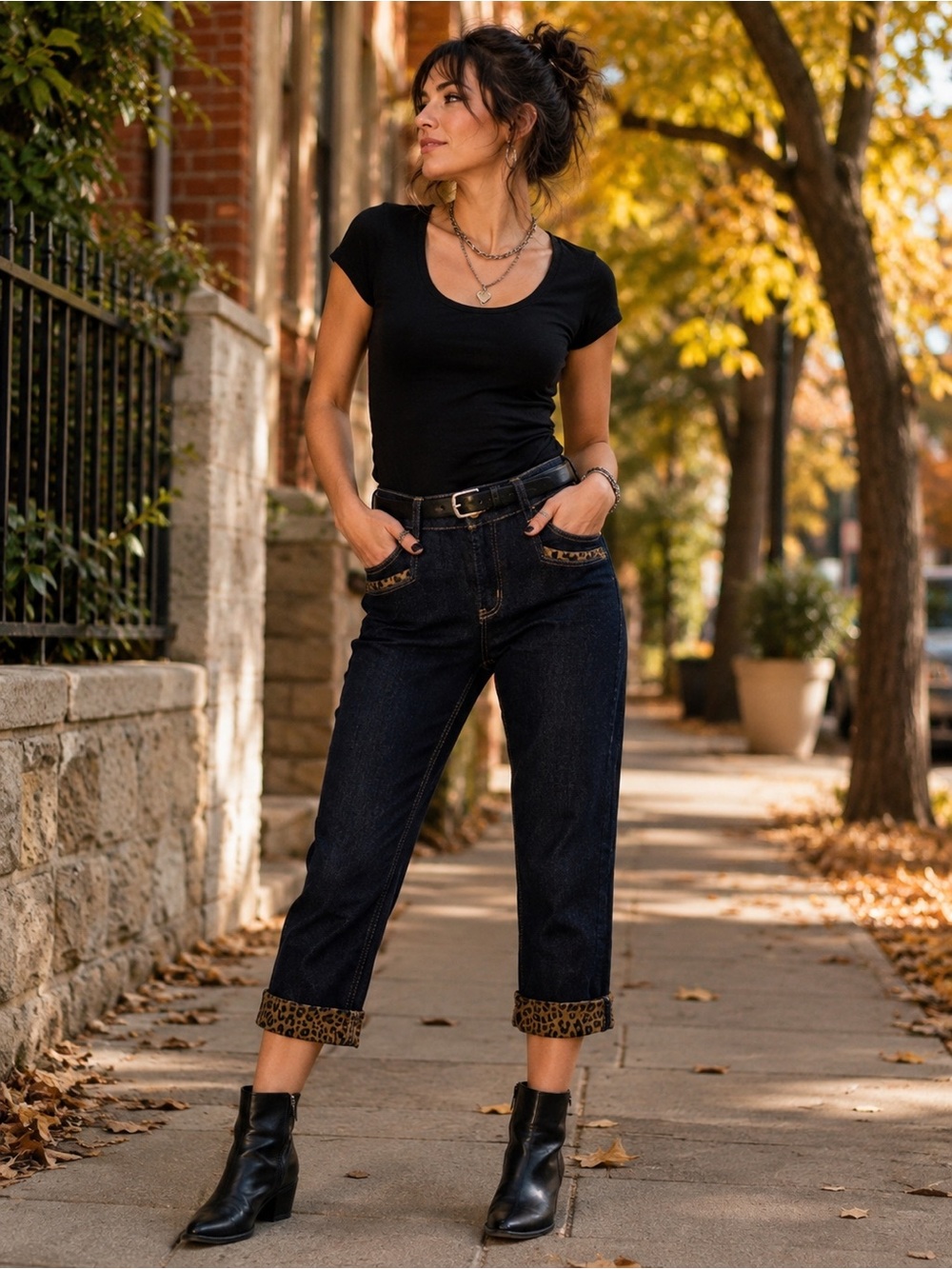 Leopard Cuff Capri Jeans L Dark Wash Stretch Denim Y2K Rockabilly